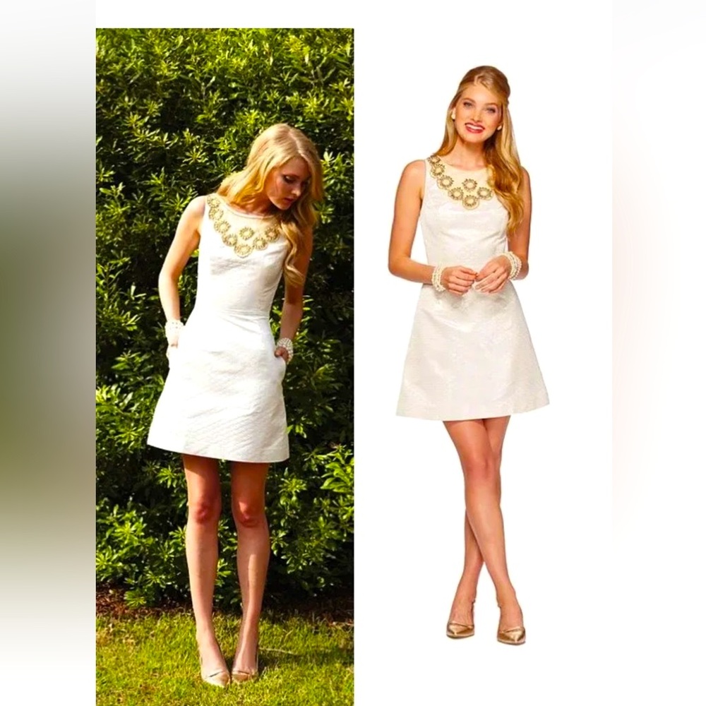 278.00 NWT LILLY PULITZER WYTHE DRESS CAMEO WHITE METALLIC 6,10 GRAIL ELEGANCE